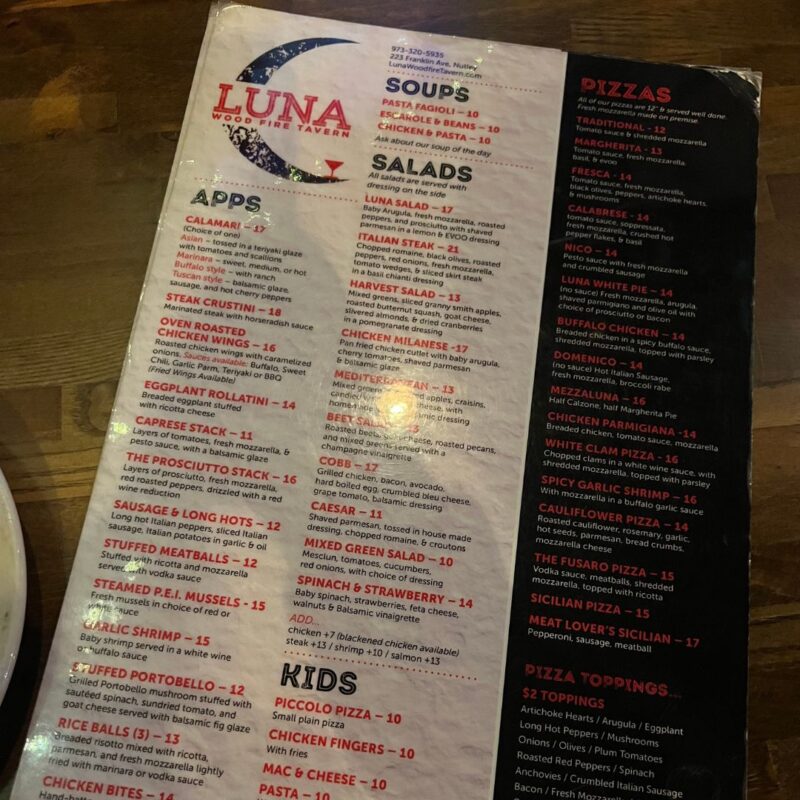 luna wood fire tavern nutley nj menu