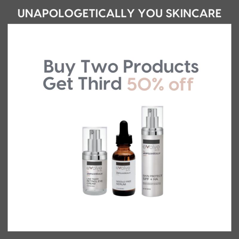 Graphic for Evolve Med Spa's spring promotion for buy two products get a third 50% off