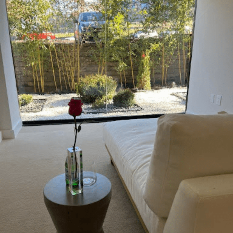 Oasis treatment room with white couch, table with a single rose, and large window