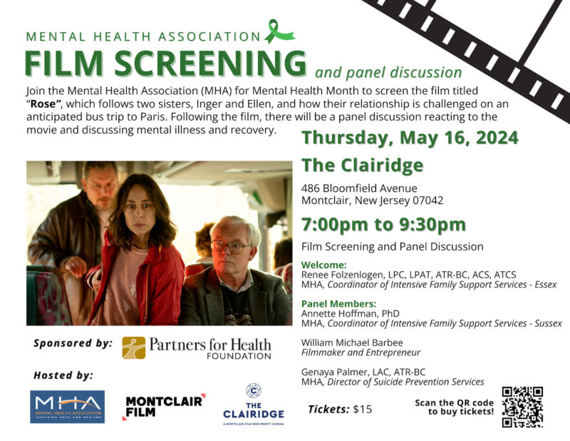 Graphic with details about the Mental Health Association Film Screening on Thursday, May 16, 2024 at The Clairidge