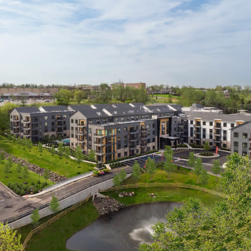 Aerial view of Stonehill will multiple buildings and trees