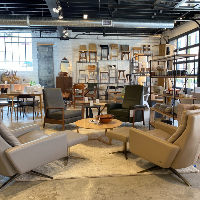 Urban Natural showroom filled with a variety of chairs