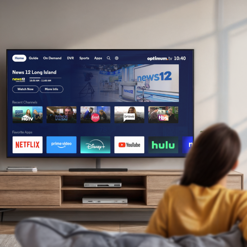 Woman sitting on a couch facing a TV